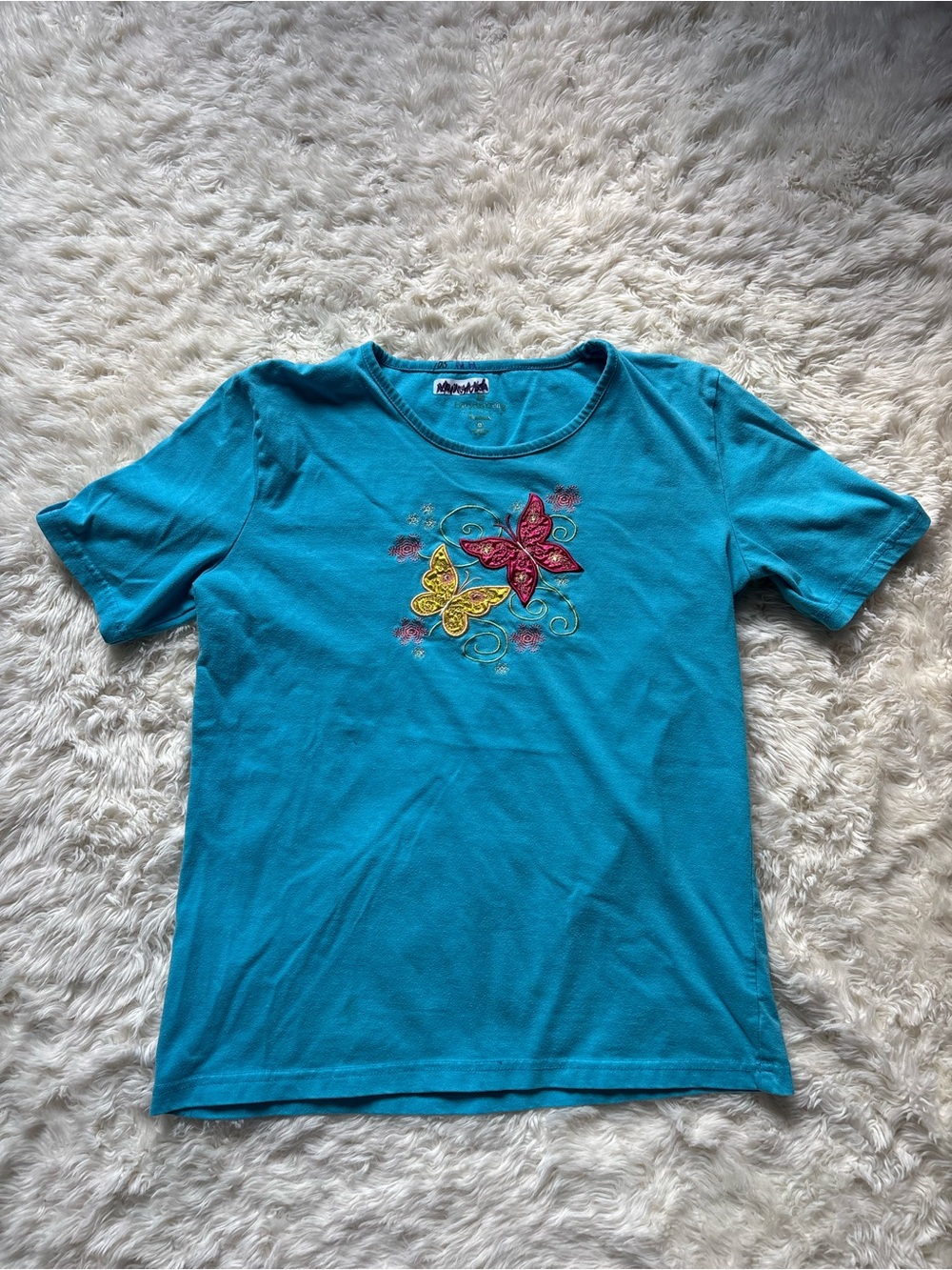 Vintage Teal Short-Sleeve Tee with Embroidered Butterflies